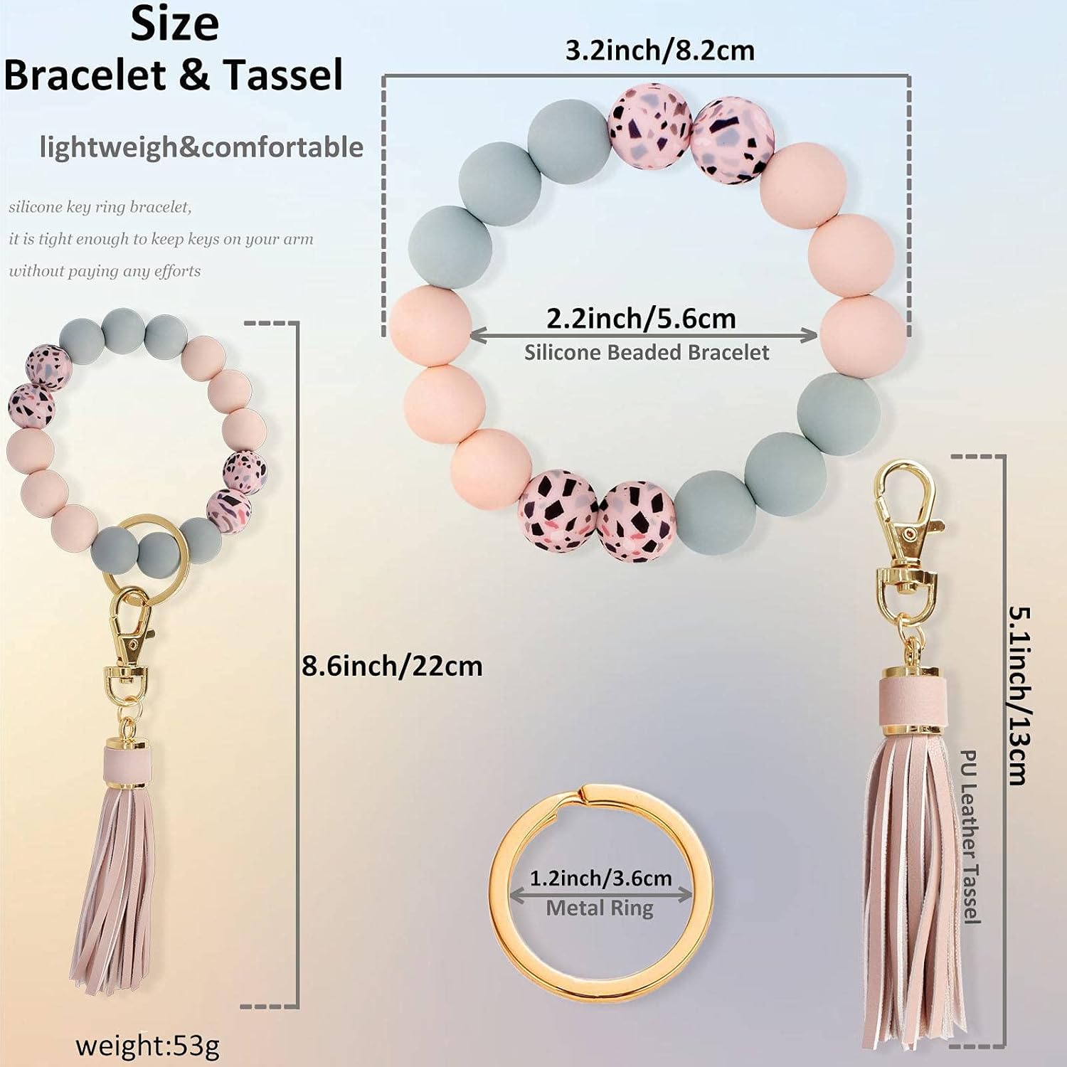 Keychain Bracelet Silicone Key Ring Wristlet with Leather Tassel Wrist Key Ring Bangle Silicone Bead, Light Pink