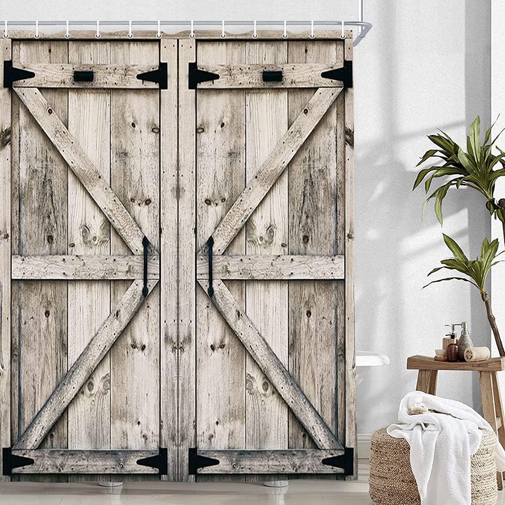Rustic Wooden Vintage Farmhouse Wooden Country Barn Door Shower Curtain,  60X70in