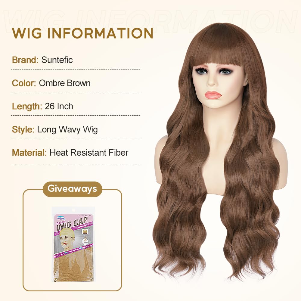 Long Dark Brown Wavy Wear and Go Glueless Wig with Bangs Ombre Brown Glueless Wigs