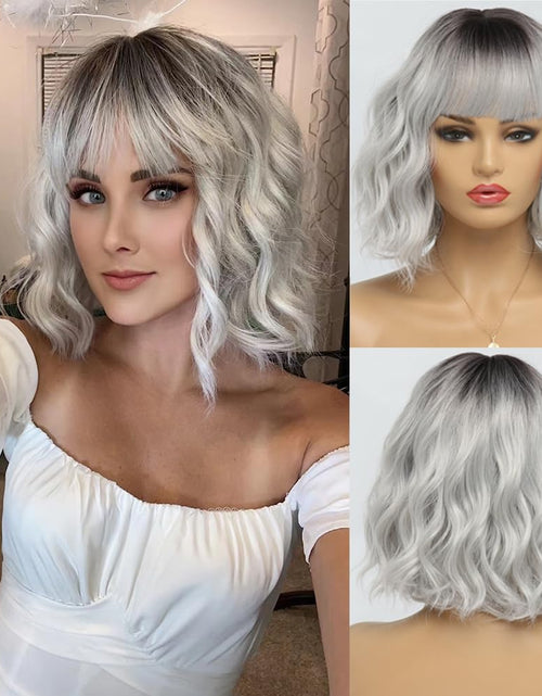 Load image into Gallery viewer, Short White Silver Wigs for Women Ombre Grey Wavy Bob Wig with Bangs Medium Length Synthetic Hair, 12 inches, Ombre Silver
