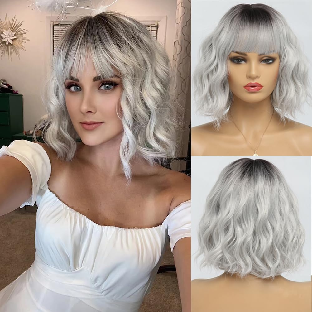 Short White Silver Wigs for Women Ombre Grey Wavy Bob Wig with Bangs Medium Length Synthetic Hair, 12 inches, Ombre Silver