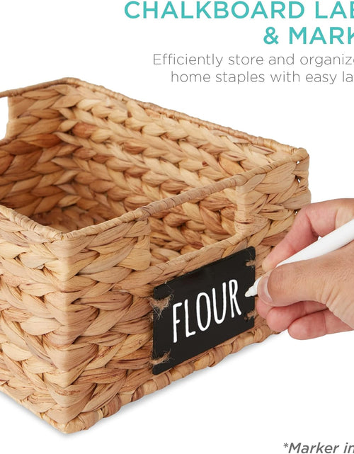 Load image into Gallery viewer, Set of 4 9x12in Water Hyacinth Pantry Baskets, Woven Kitchen Organizers w/Chalkboard Label, Chalk Marker - Natural
