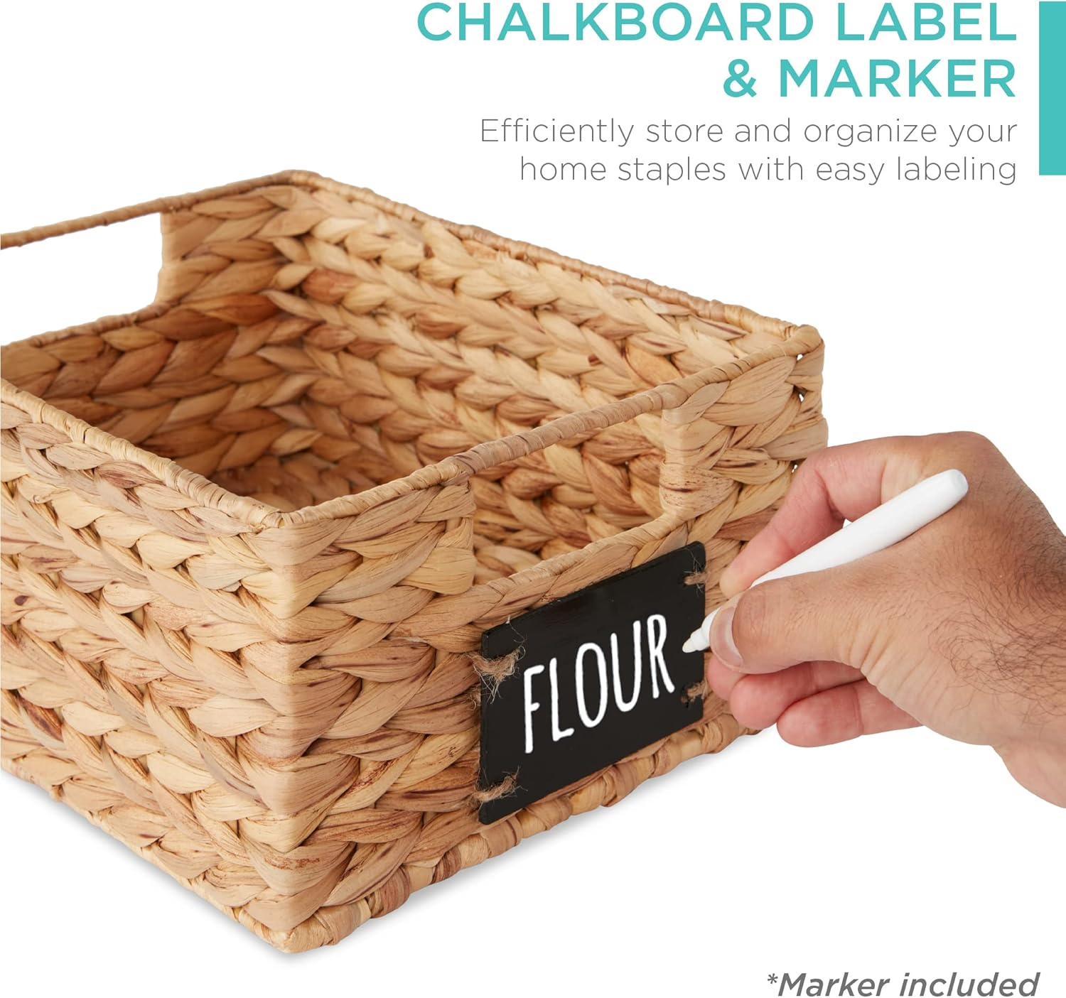 Set of 4 9x12in Water Hyacinth Pantry Baskets, Woven Kitchen Organizers w/Chalkboard Label, Chalk Marker - Natural