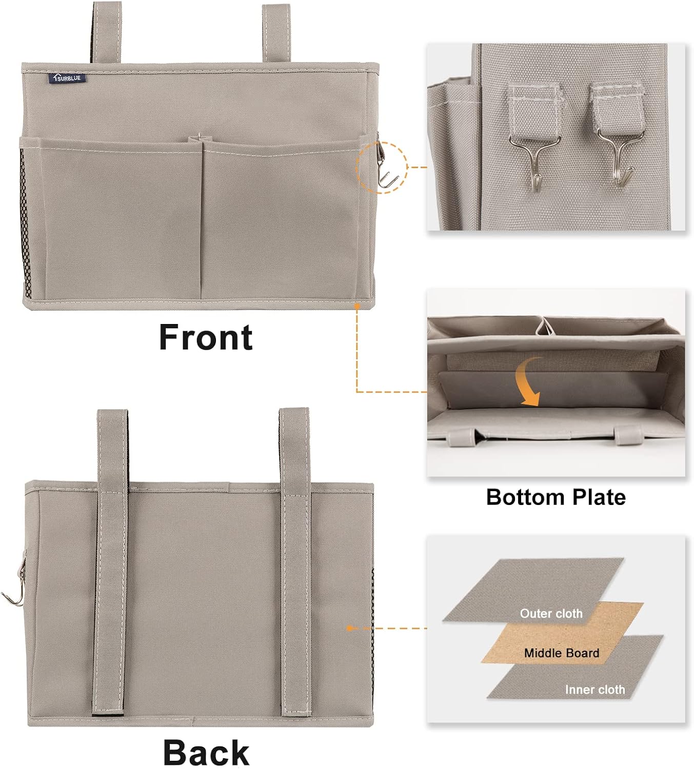 Bedside Caddy Hanging Bed Organizer Storage Bag Pocket for Bunk and Hospital Beds, College Dorm Rooms Baby Bed Rails (Small, Gray)