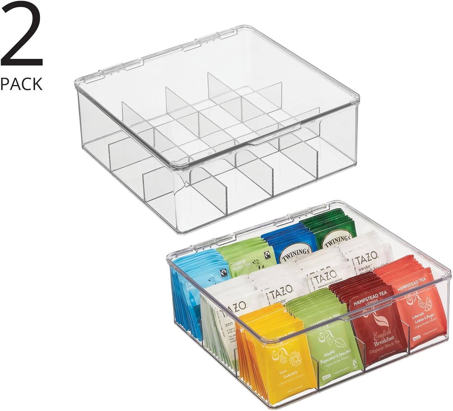2 Pack Plastic Stackable Tea Bag Storage Bin Organizer Box Holder with Lid for Kitchen Cabinets
