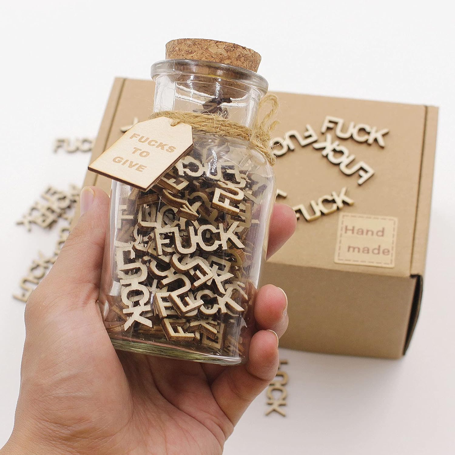 Jar of Fucks (5oz) - Gift Jar, Wooden Cutout Letter Piece, Bad Mood Vent, Spoof Birthday, Holiday Gift to Friend - Funny Gift for Valentine's Day