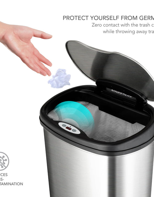 Load image into Gallery viewer, Automatic Touchless Motion Sensor Oval Trash Can with Black Top, 13 gallon/50 L, Stainless Steel
