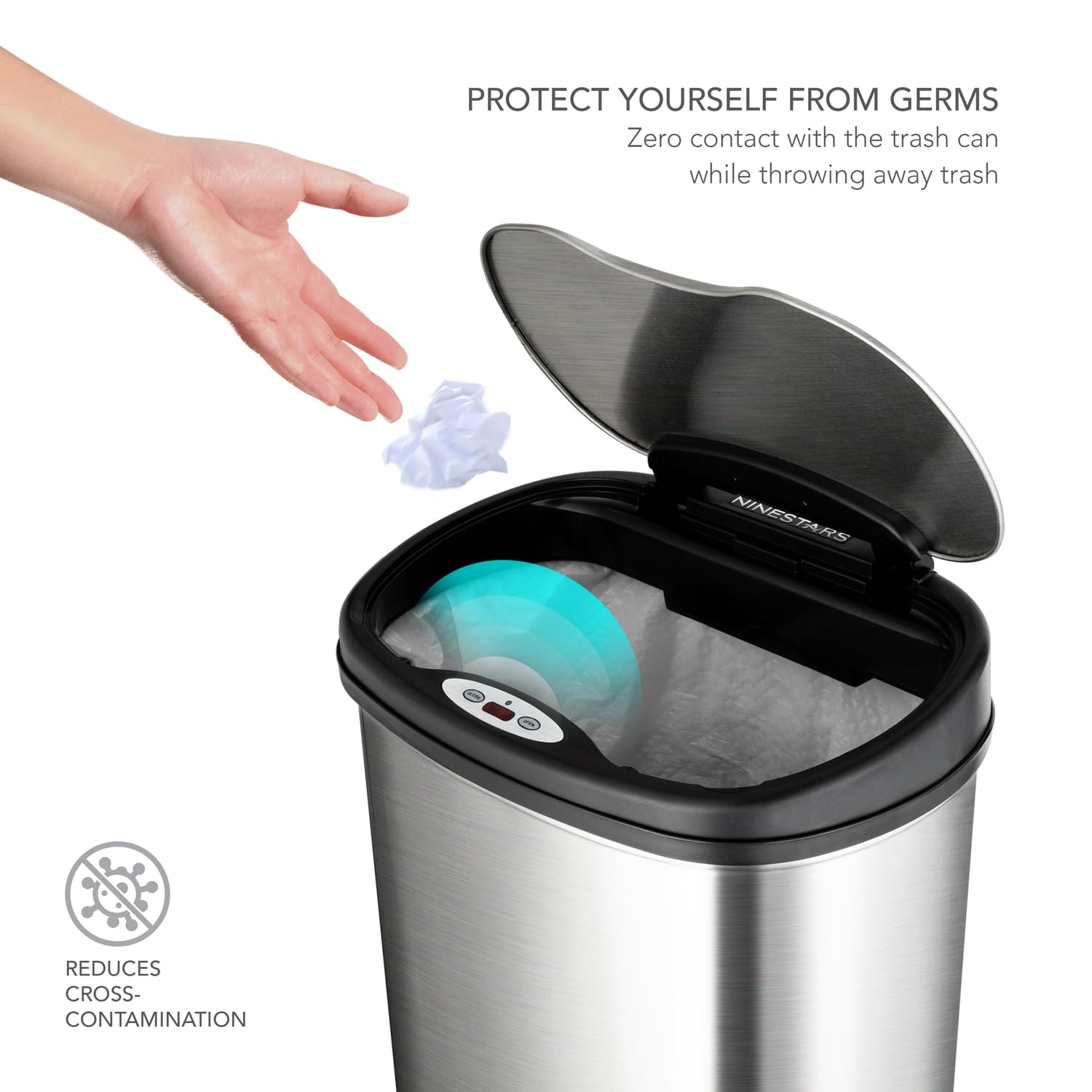 Automatic Touchless Motion Sensor Oval Trash Can with Black Top, 13 gallon/50 L, Stainless Steel