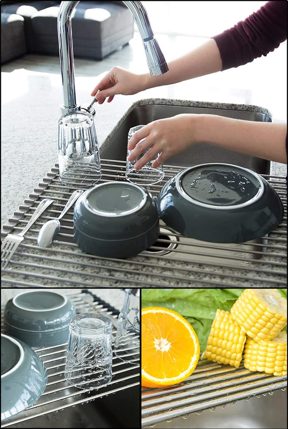 Roll Up Dish Drying Rack Over Sink Drying Rack Sink Cover Kitchen Sink Accessories Gadget, 17.7" x 15.5" , Grey