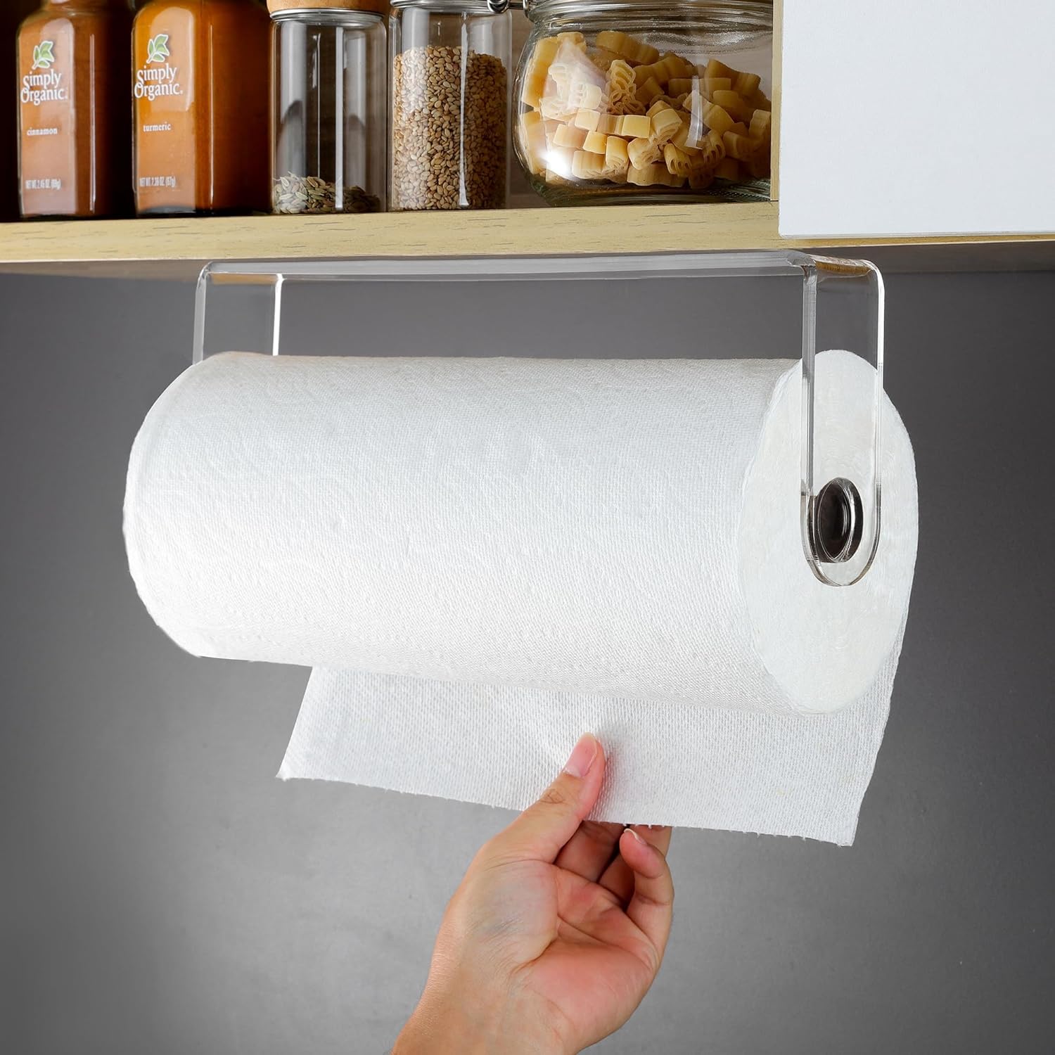 Acrylic Paper Towel Holder - Kitchen Paper Towel Holder Under Cabinet, One Hand Operable, Self Adhesive Paper Towel Rack for Bathroom Organizer