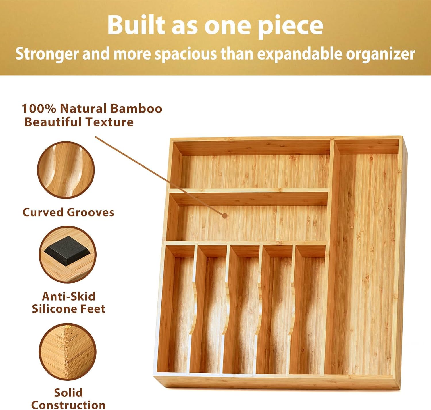 Large Kitchen Drawer Organizer, 19"x19" Silverware Utensils Organizer, 2.5" High for Large Deep Drawers, Bamboo Flatware Holder