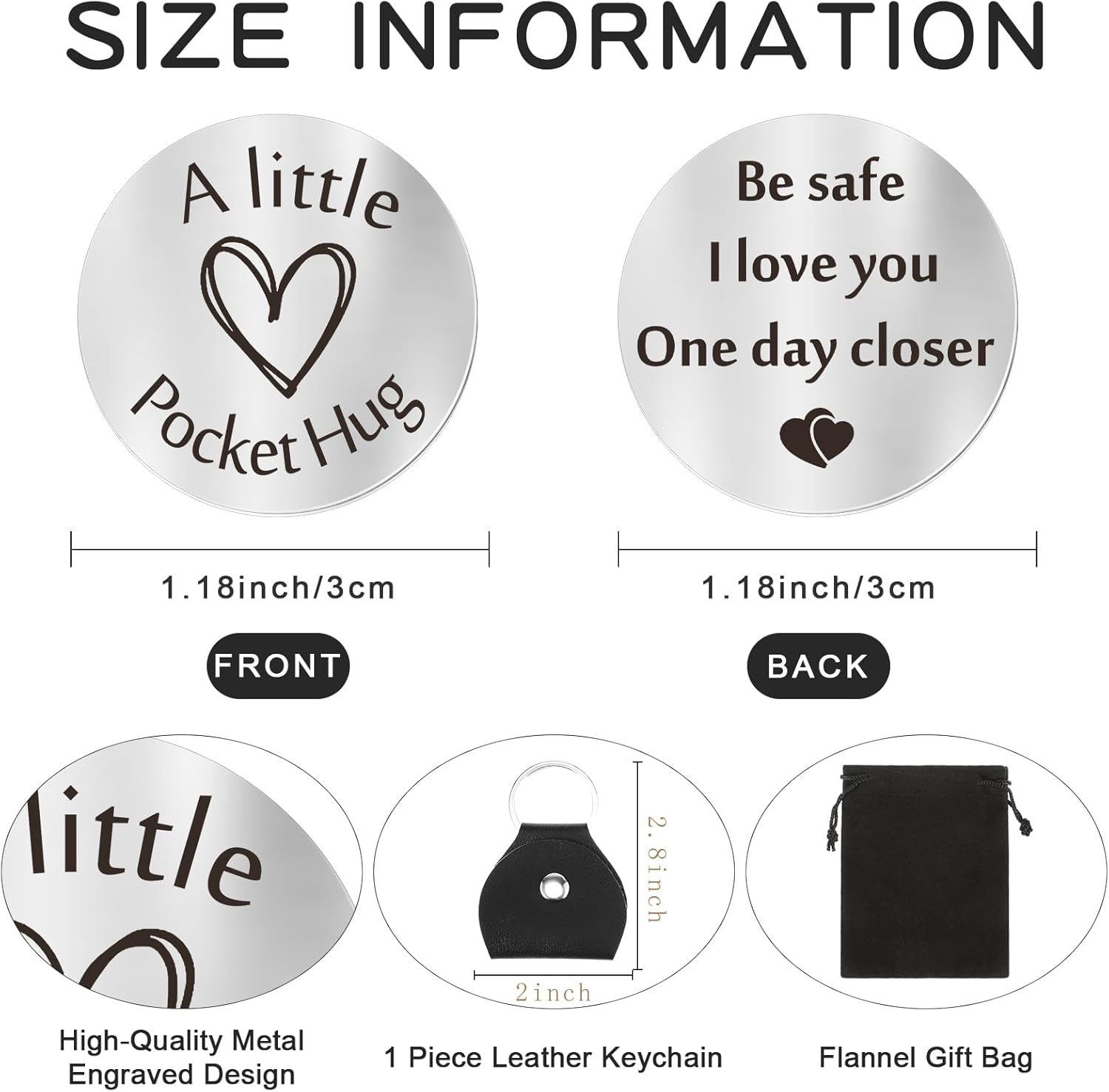 Pocket Hug Token Long Distance Relationship Keepsake Stainless Steel Double Sided Inspirational Gift with Keychain (Be Safe)