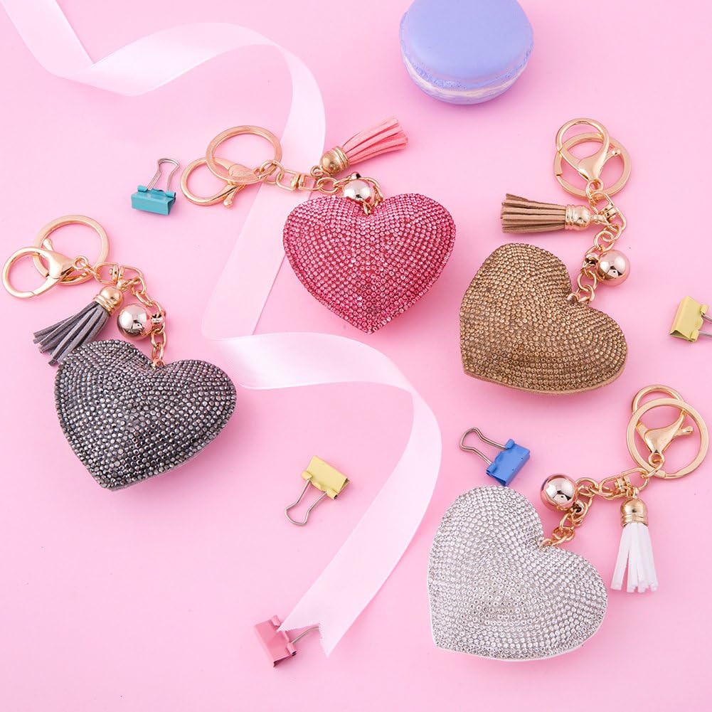 Glitter Keychain Premium SS6 Crystal Tassel Key Chain Leather Bag Charm for Women Girls (Love Heart Hot Pink)