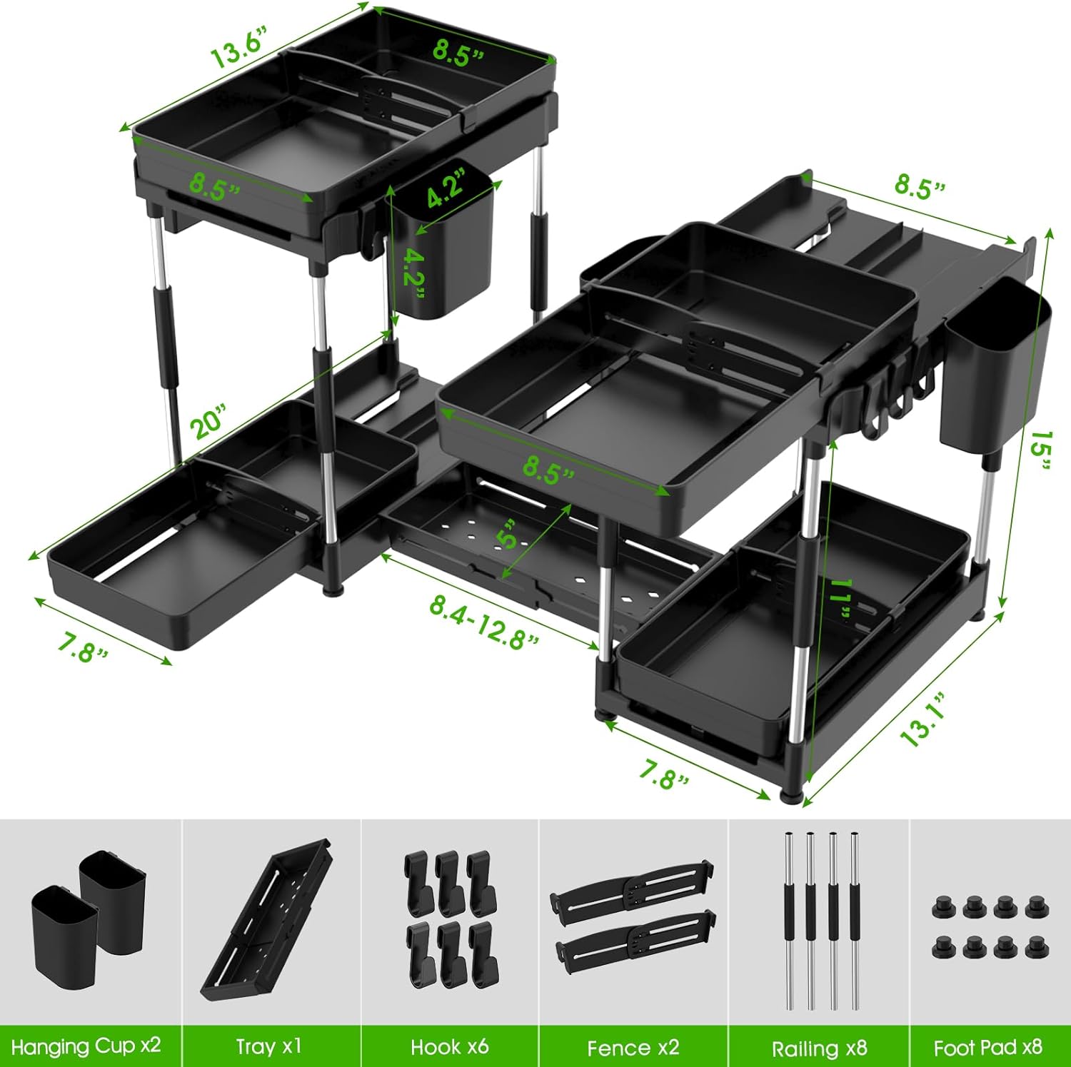 Double Sliding Under Sink Organizers and Storage - Adjustable 2 Tier Pull Out Under Cabinet Organizer, 2 Pack