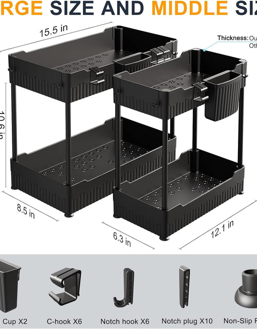 Load image into Gallery viewer, 2 Pack Under Sink Organizer, Under Bathroom Cabinet Organizer with Hooks Hanging Cup, Multi-Purpose Storage Shelf for Kitchen Bathroom, Black
