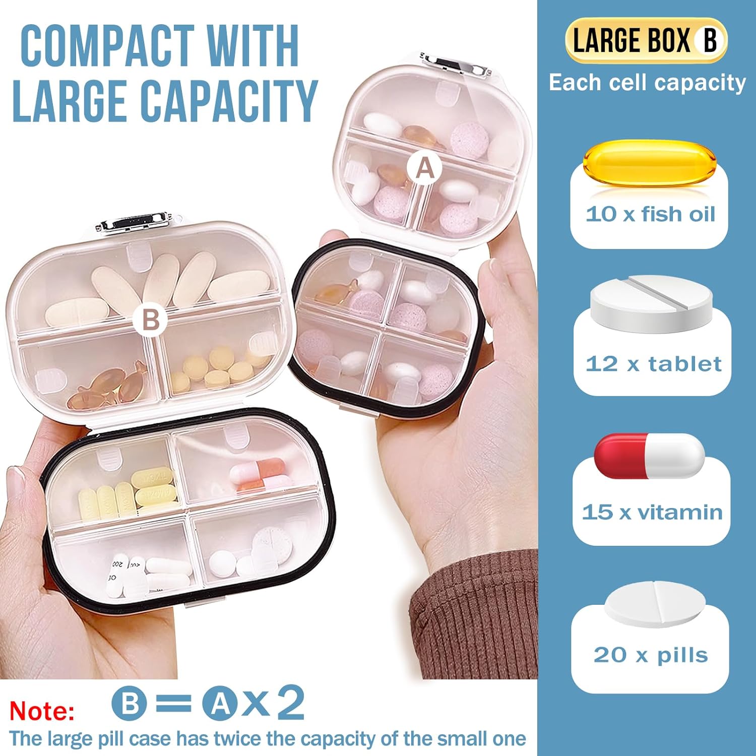 Travel Pill Organizer, 2 Pack Portable Pill Box 7 Day Small Pill Case Moisture Proof Daily Medicine Vitamin Container  (Small+ Large)