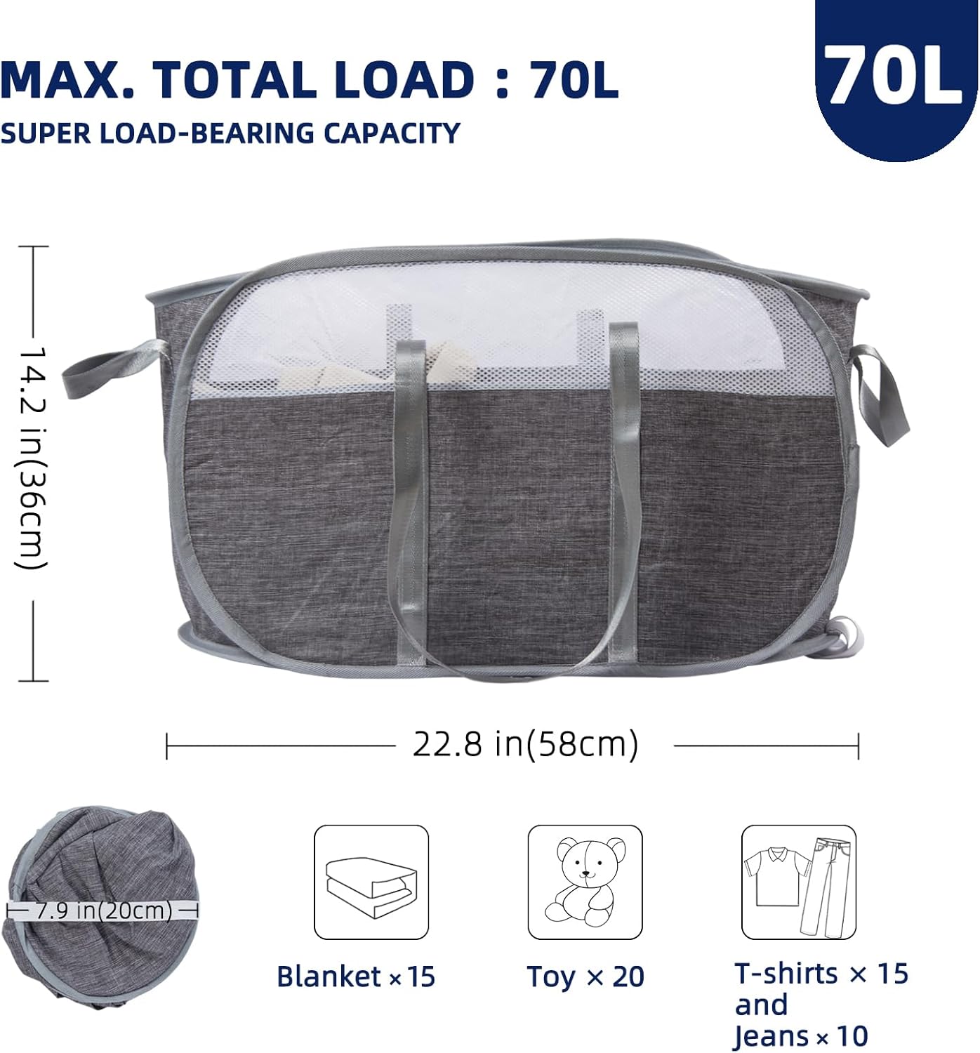 Collapsible Laundry Basket, Foldable Pop Up Laundry Hamper with Reinforced Handles, Gray