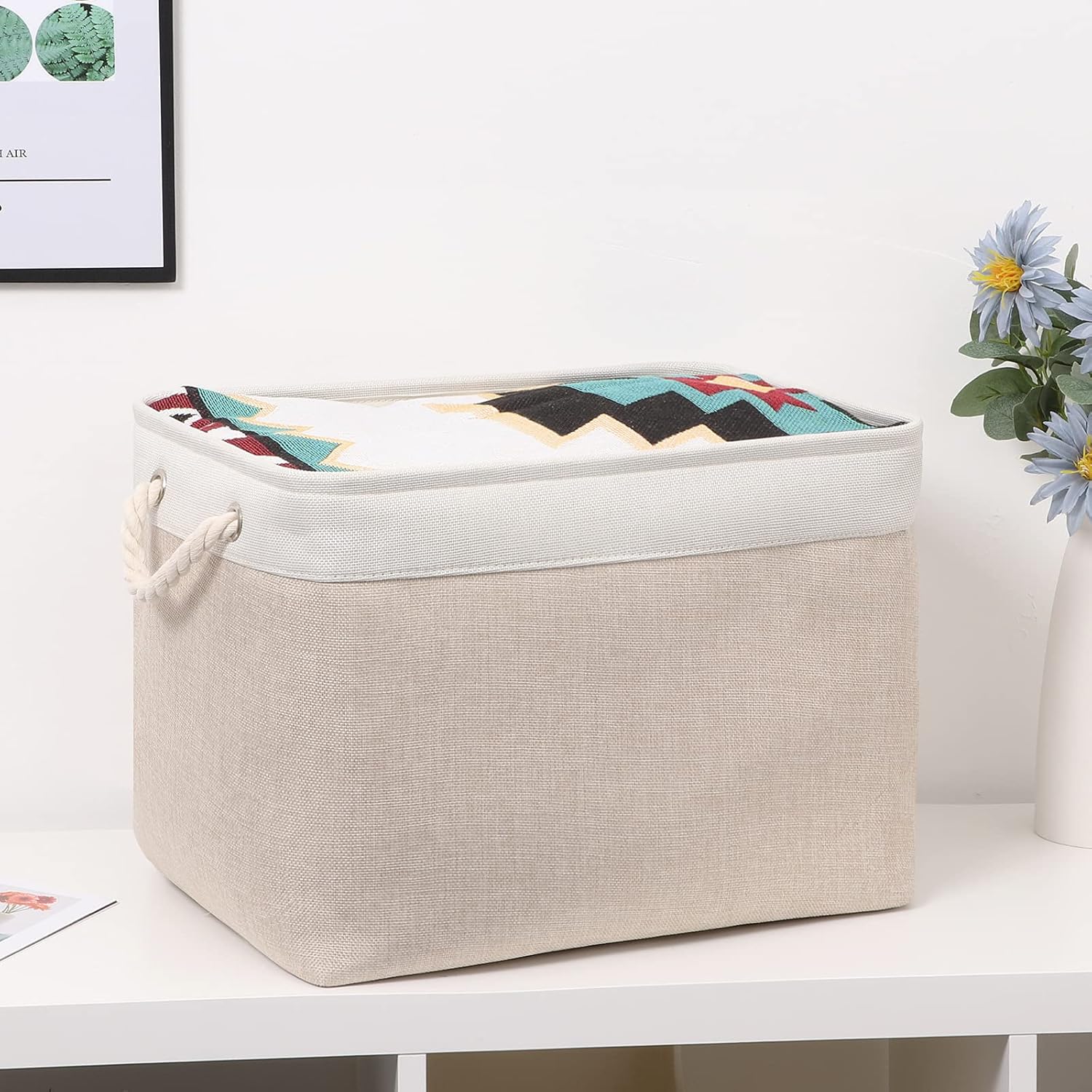 Beige Storage Basket Large Fabric Cloth Baskets [2-Pack] Tall Rectangular Shelf Baskets 16X11.8X11.8 in Canvas Collapsible Storage Bins