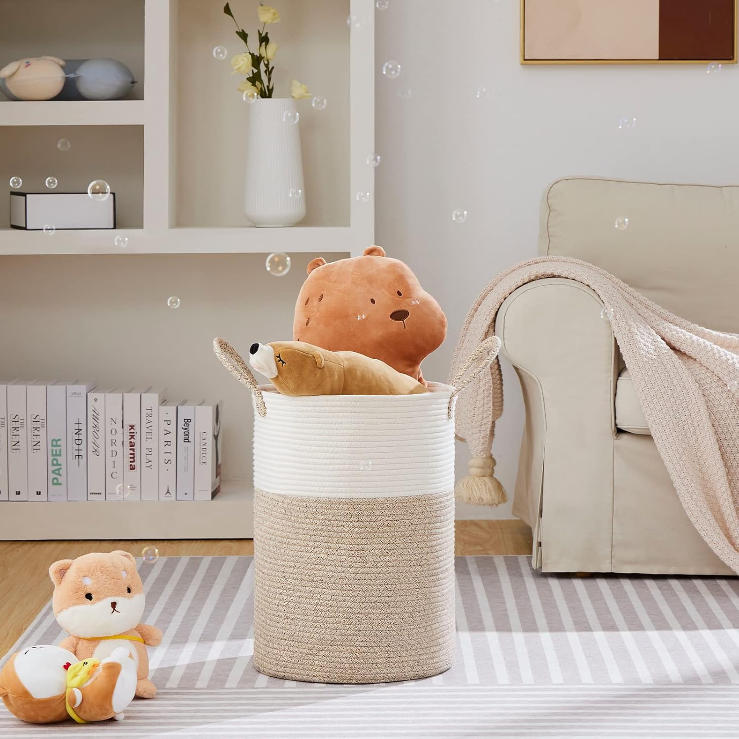 Large Laundry Hamper, Tall Woven Rope Storage Basket for Blanket, 58L White & Brown