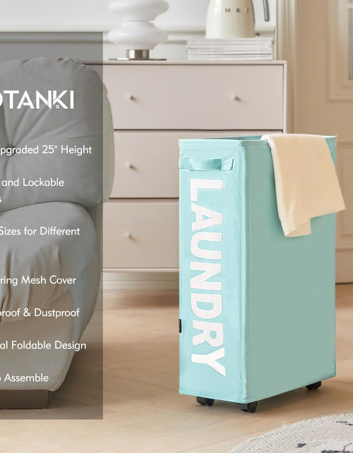 Load image into Gallery viewer, 25&quot; Rolling Slim Laundry Basket on Wheels, Foldable Laundry Hamper with Handle (Light Blue, Medium)
