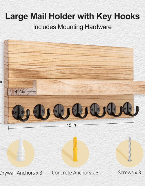 Load image into Gallery viewer, Key Holder Wall Mount, Entryway Key and Mail Holder with 7 Sturdy Hooks with Mounting Hardware, 15”W x 6.7”H x 4.2”D (Wood)
