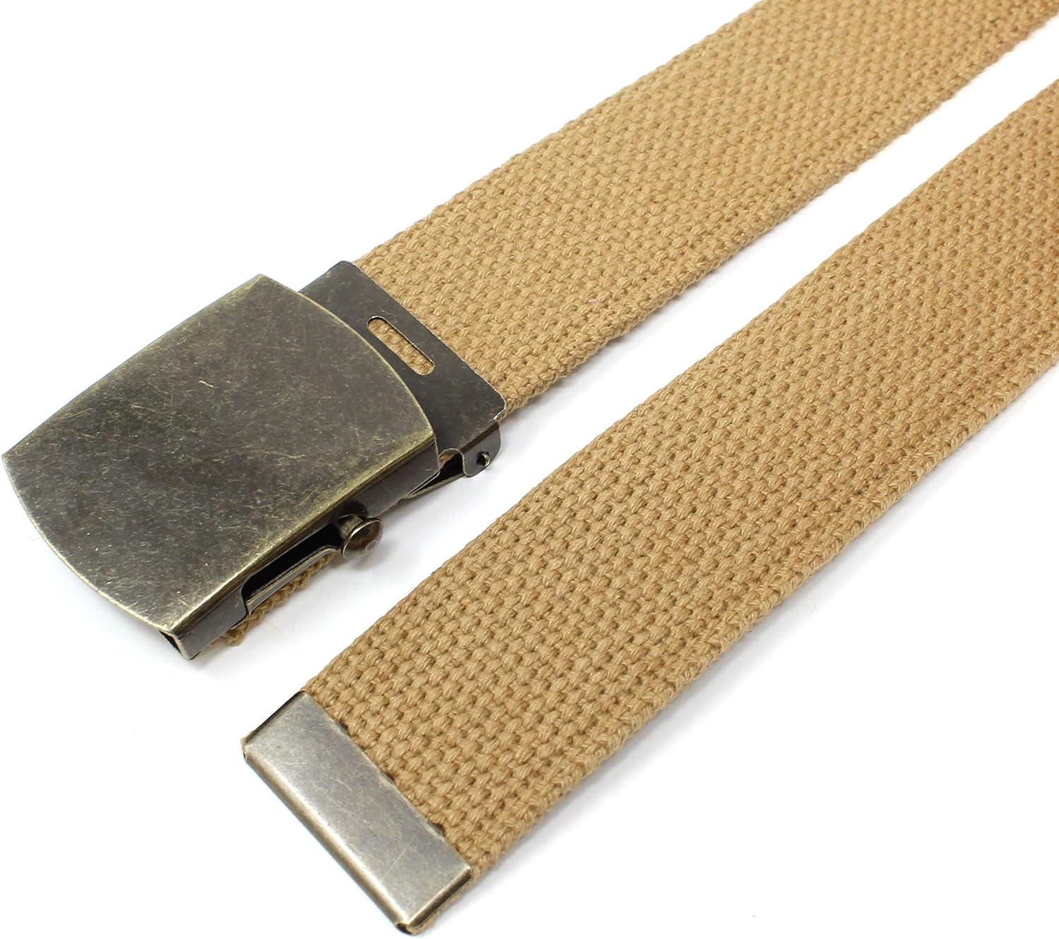 Canvas Web Belt Military Style with Antique Brass Buckle and Tip 50" Long, Light Brown