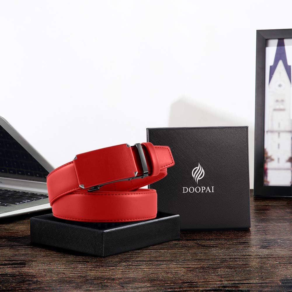 Ratchet Belt Dress Adjustable 1 3/8" Genuine Leather Designer Belt, Size Length Can be Cut, with Gift Box, Red (36 to 42 inches)
