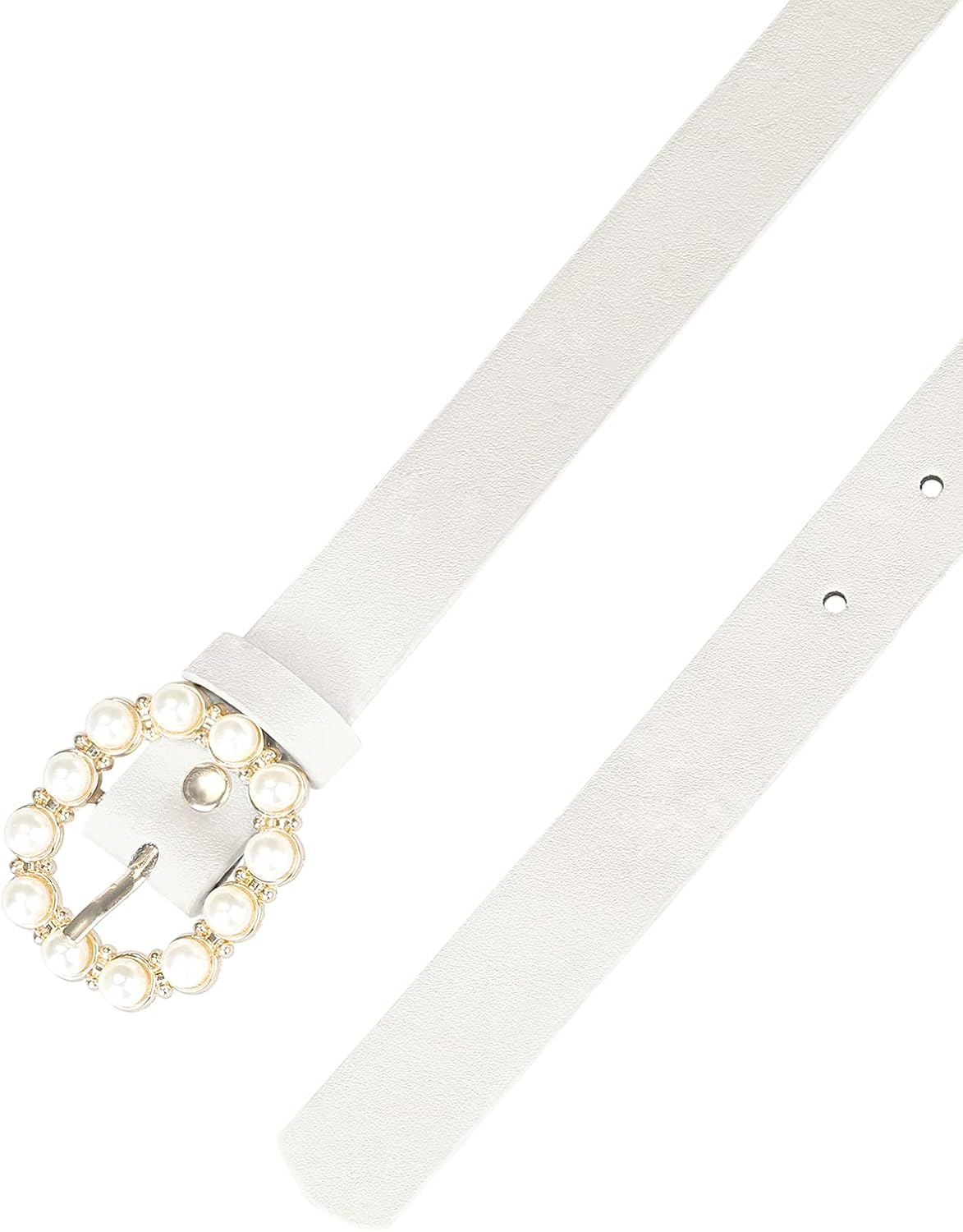 Pearl Waistband Skinny Leather Adjustable Pin Buckle Belt for Jeans Dresses Pants, White