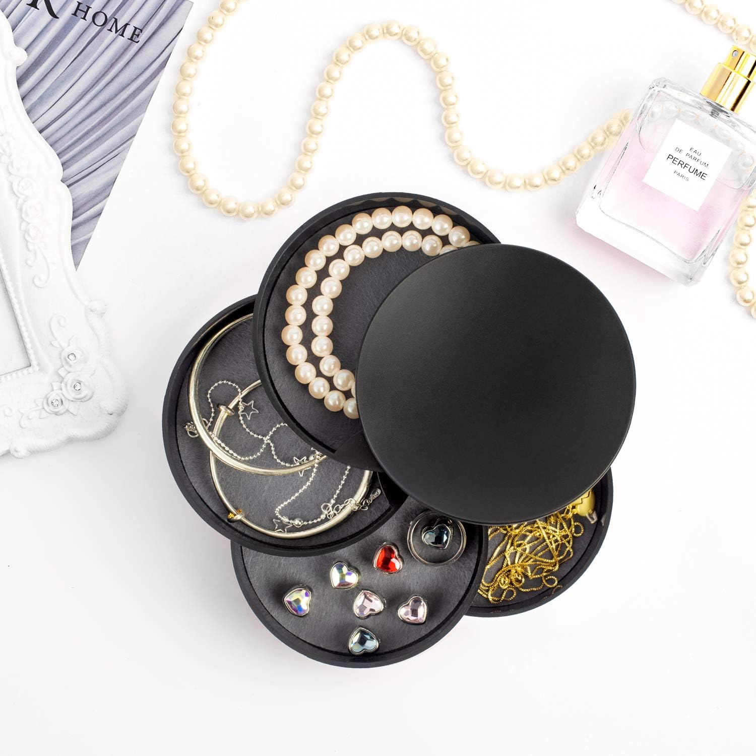 Jewelry Storage Box 4-Layer Rotatable Jewelry Accessory Storage Tray with Lid for Rings Bracelets