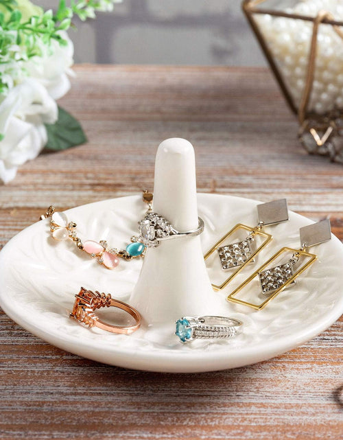 Load image into Gallery viewer, Decorative White Ceramic Ring Tray for Jewelry, Ring Cone and Trinket Tray with Raised Heart Design
