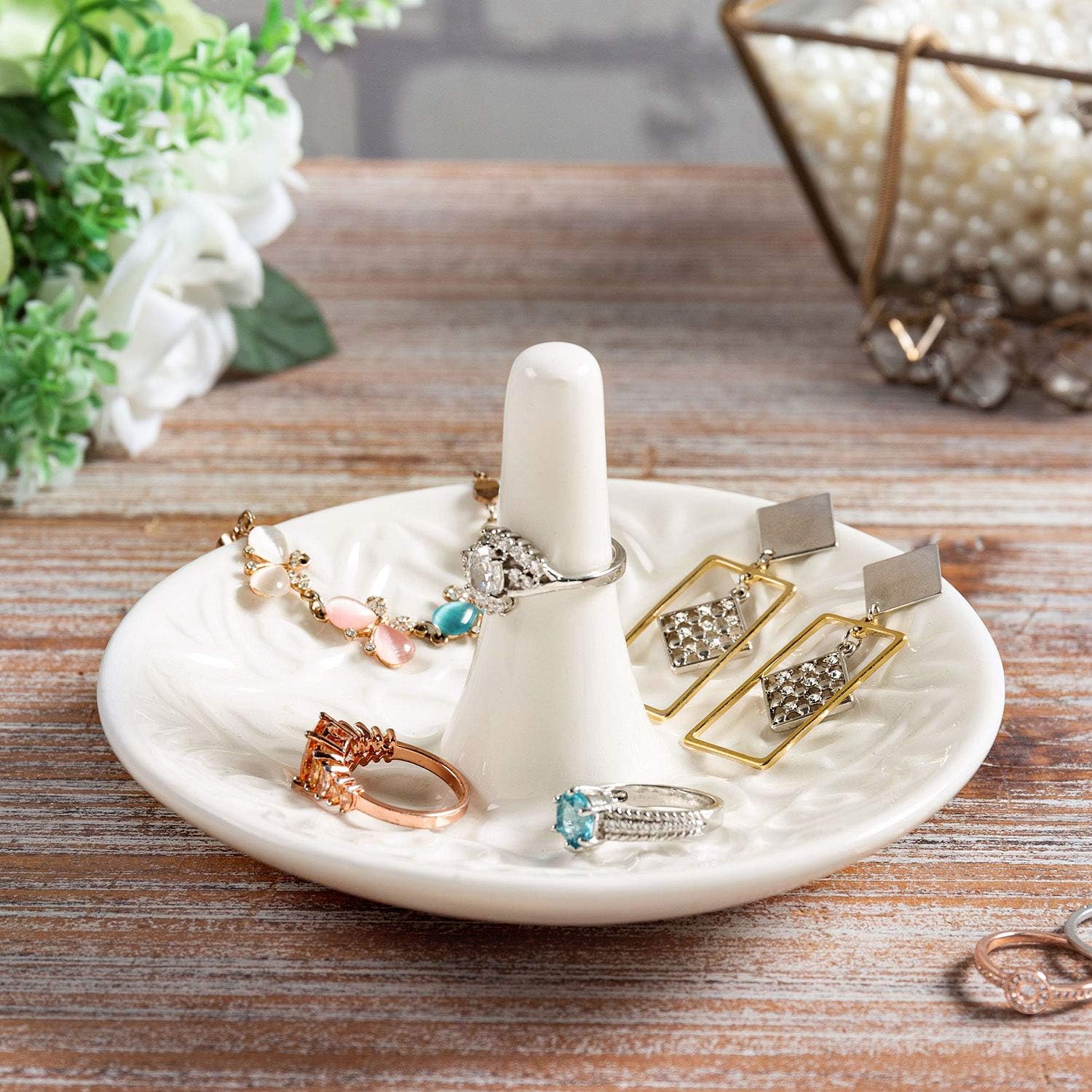 Decorative White Ceramic Ring Tray for Jewelry, Ring Cone and Trinket Tray with Raised Heart Design