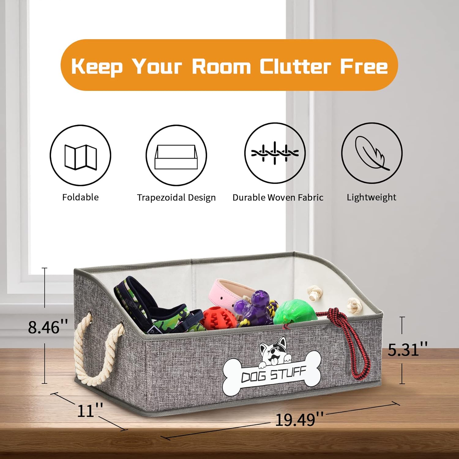 Collapsible Fabric Dog Toy Box and Storage Bin With Handle, Light Grey