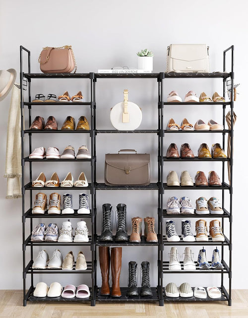 Load image into Gallery viewer, 9 Tiers Shoe Rack Organizer, Black, 50-55 Pairs, Stackable Metal Shelf with Hooks for Entryway
