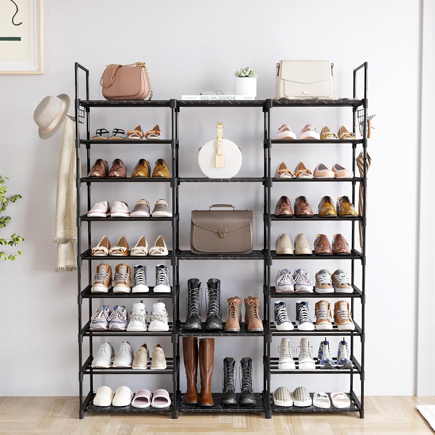 9 Tiers Shoe Rack Organizer, Black, 50-55 Pairs, Stackable Metal Shelf with Hooks for Entryway