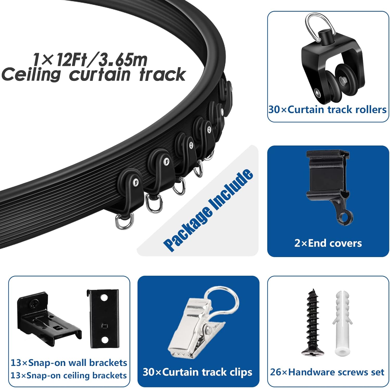 Flexible Bendable Curtain Track 12Ft Black Curved Ceiling Track for Curtain Rail, Black