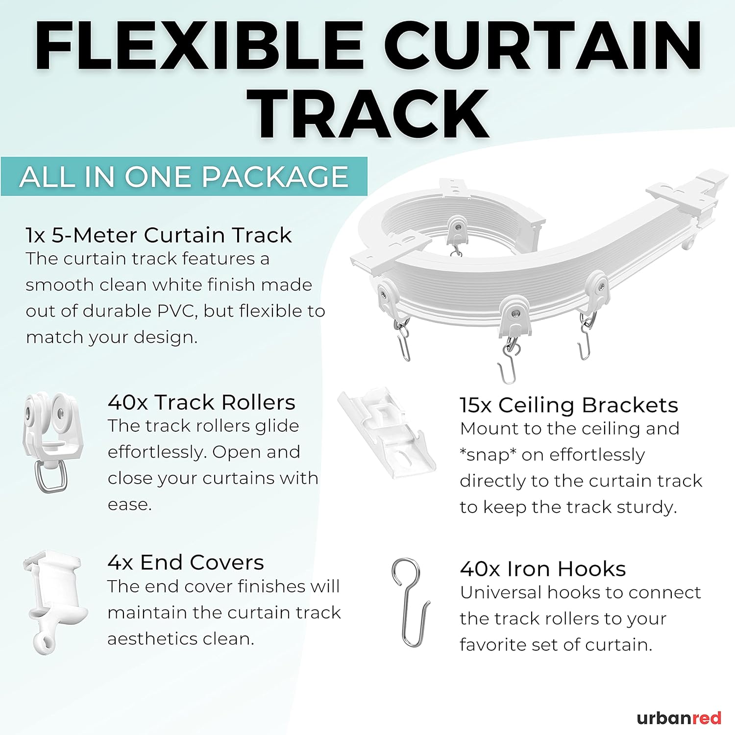 Flexible Bendable Ceiling Curtain Track, 16.4FT (5m), Ceiling Mount for Curtain Rail with Track Curtain System, White