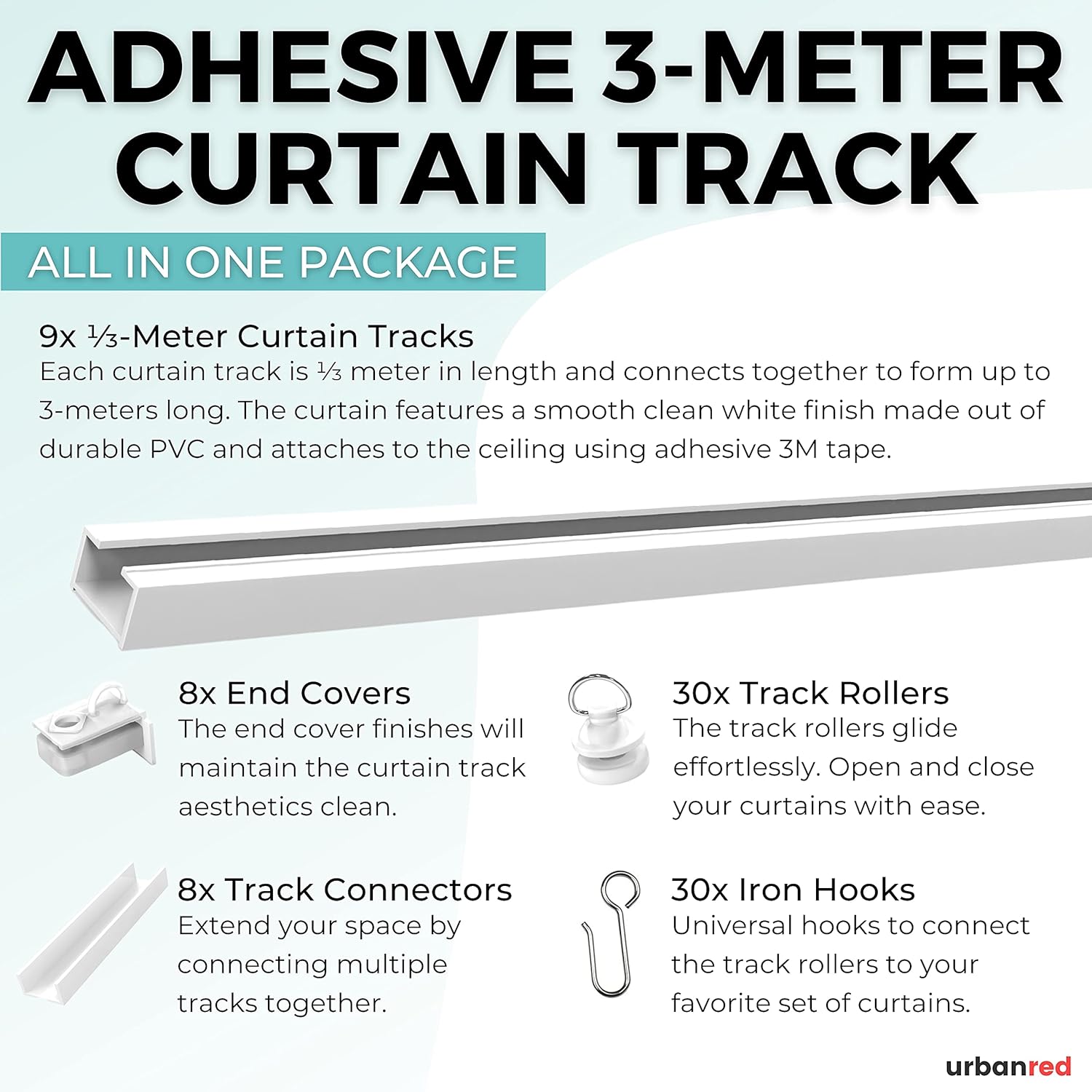 Self Adhesive Curtain Track 9.8FT (3m) for Smooth Ceiling Or Wall- No Drill, Screws, Ceiling Curtain Track (Non-Flexible)