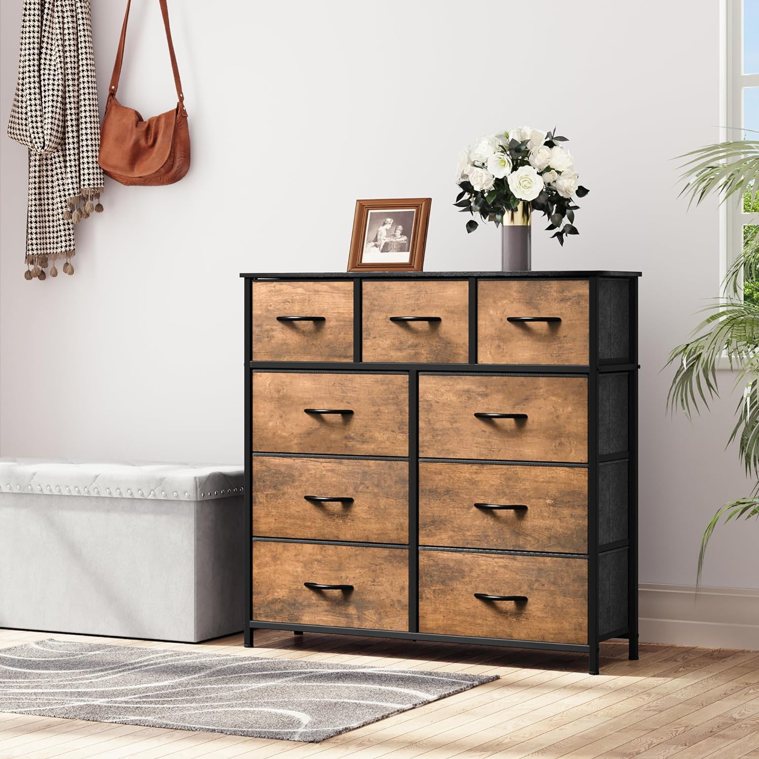 Dresser for Bedroom with 9 Drawers - Fabric Storage Tower with Sturdy Steel Frame, Wooden Top, Brown