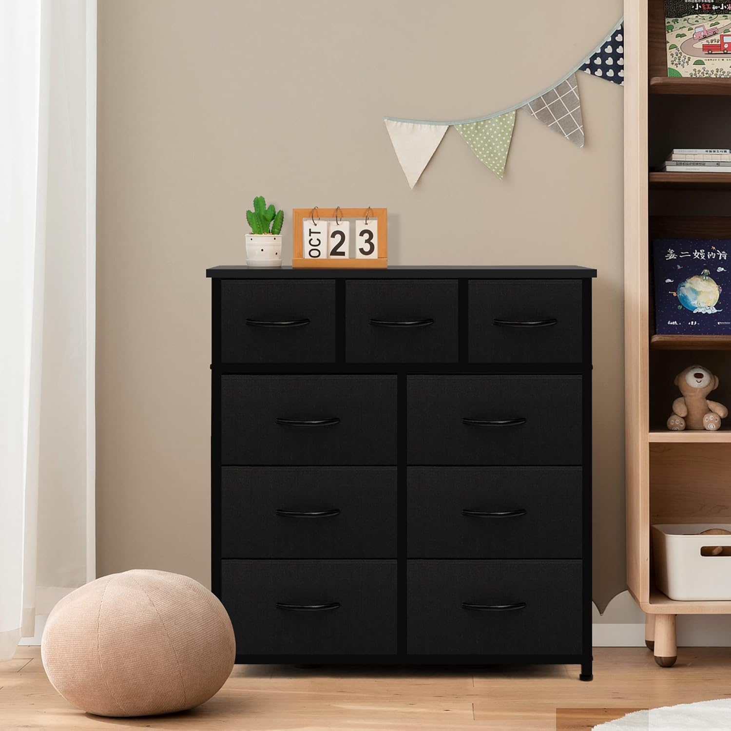 9 Drawer Dresser - Fabric Storage Tower, Organizer Unit for Bedroom, Wooden Top & Easy Pull Fabric Bins, Black