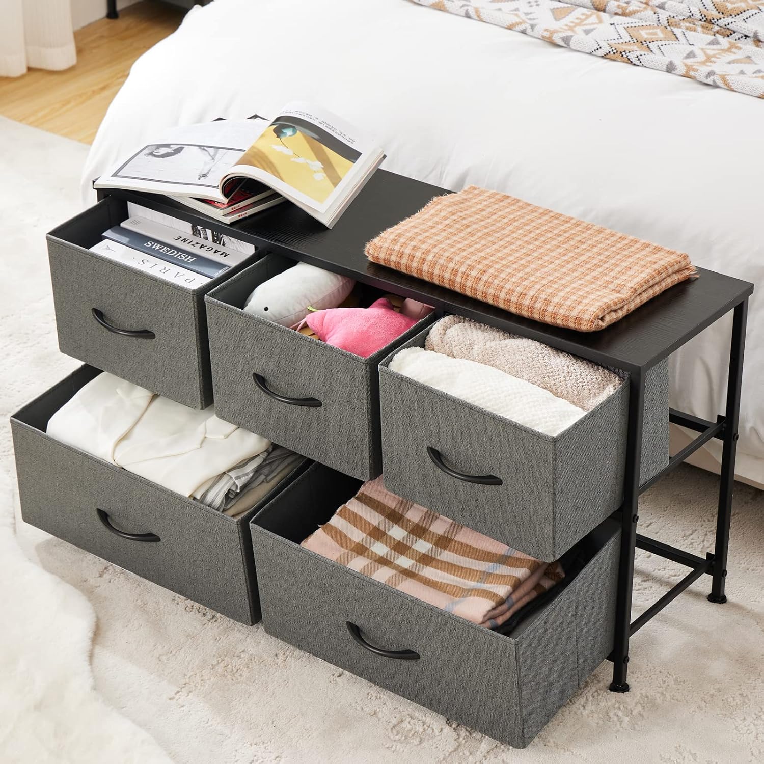 Dresser Storage with 5 Organizer Closet Chest Small Clothes Fabric Cabinet, 11.87"D x 38"W x 20.87"H, Grey