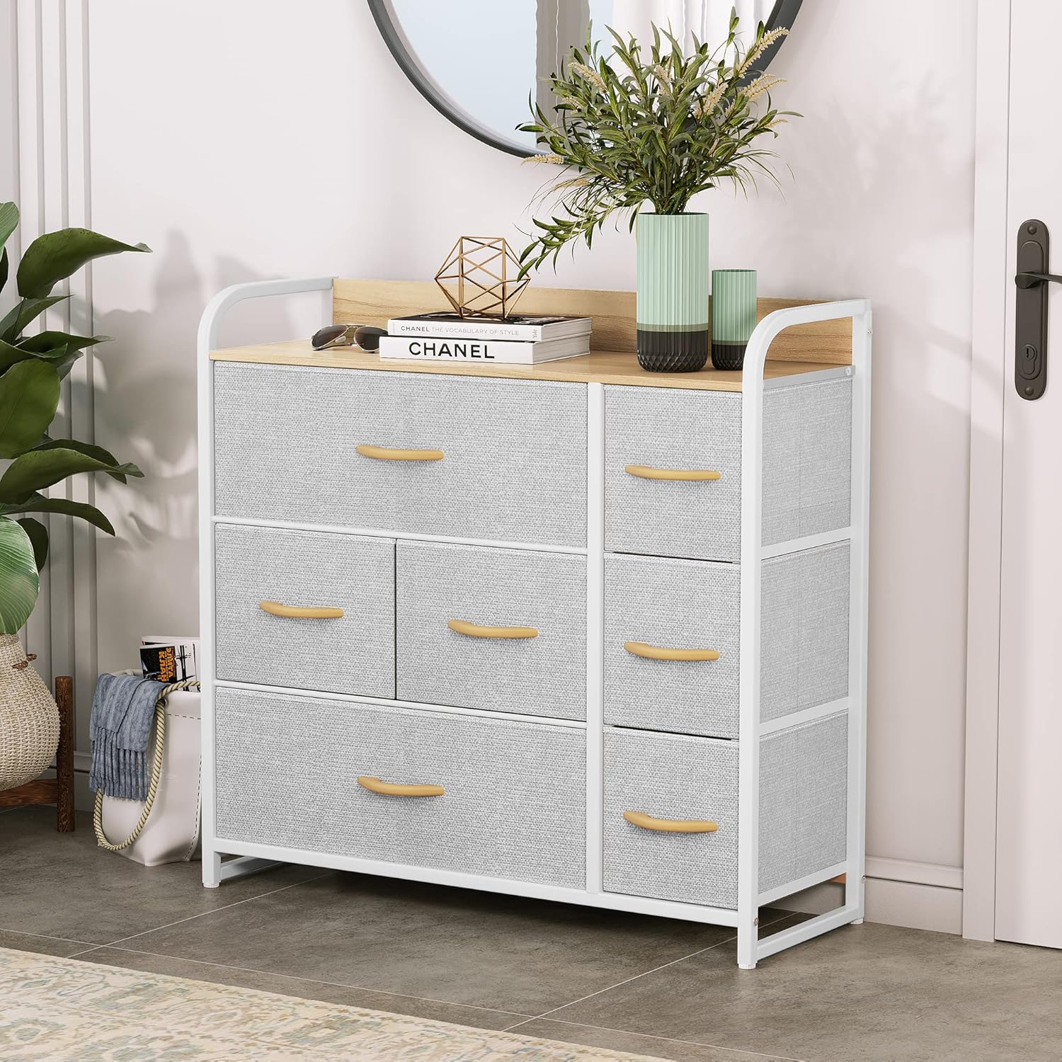 Dresser with 7 Drawers - Fabric Storage Tower, Organizer Unit Wooden Top & Easy Pull Fabric Bins