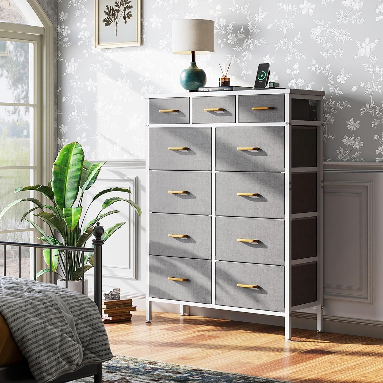 52 Inches Tall Dresser for Bedroom with 11 Storage Drawers, Large Fabric Dressers for Hallway, Light Grey