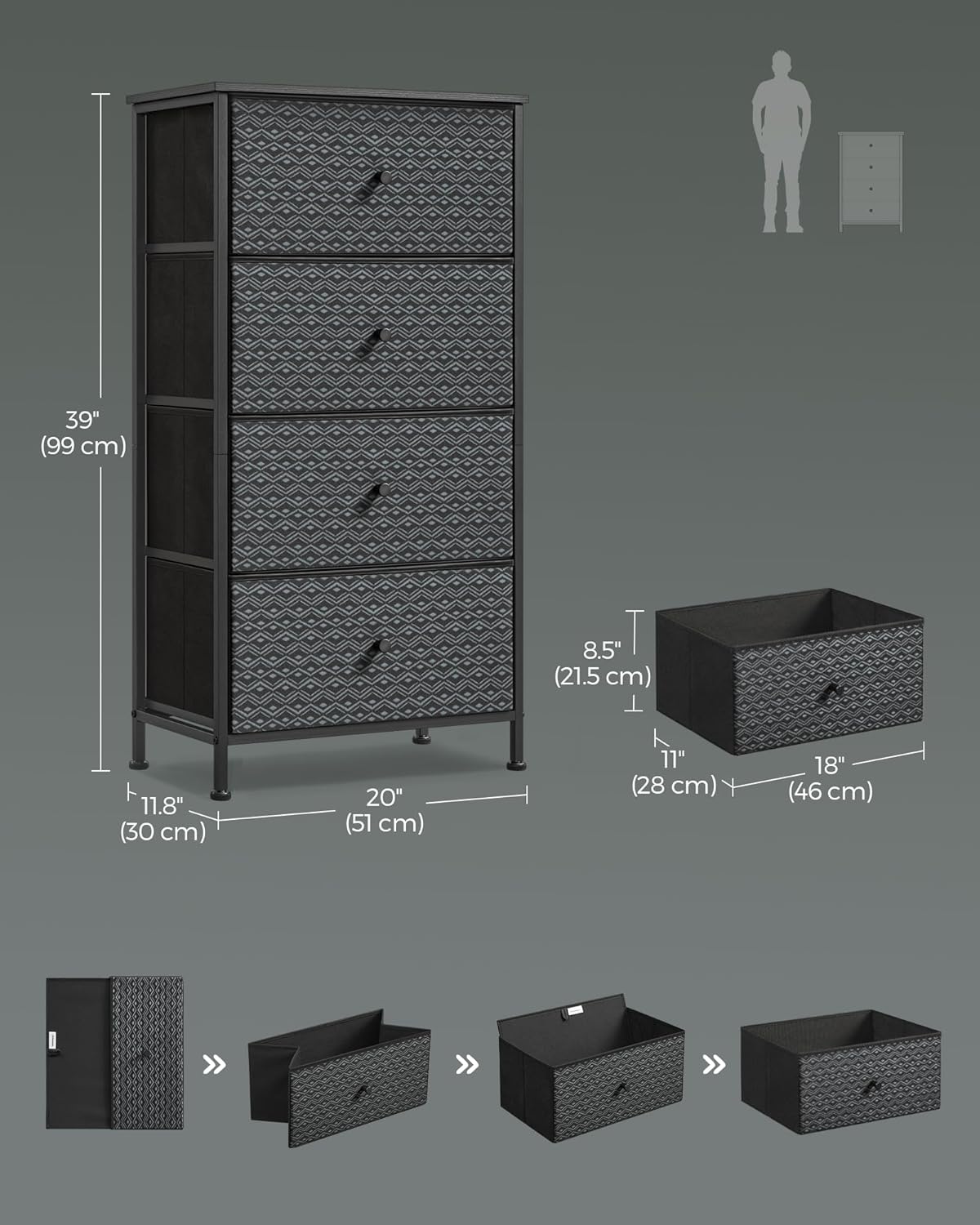 Closet Organizer and Storage Unit with 4 Fabric Drawers, Metal Frame, Ebony Black and Ink Black