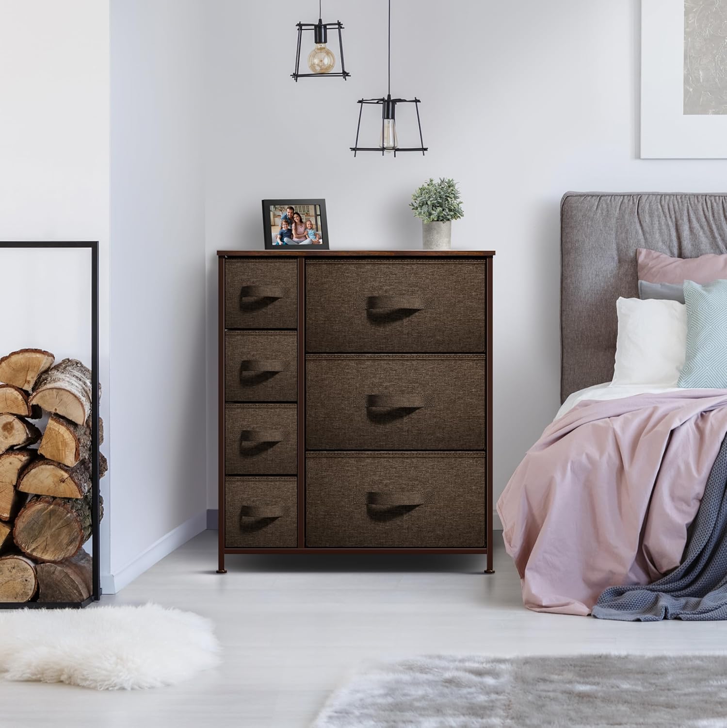 Dresser with 7 Drawers - Chest Organizer Tower Unit with Steel Frame, Wood Top, Brown
