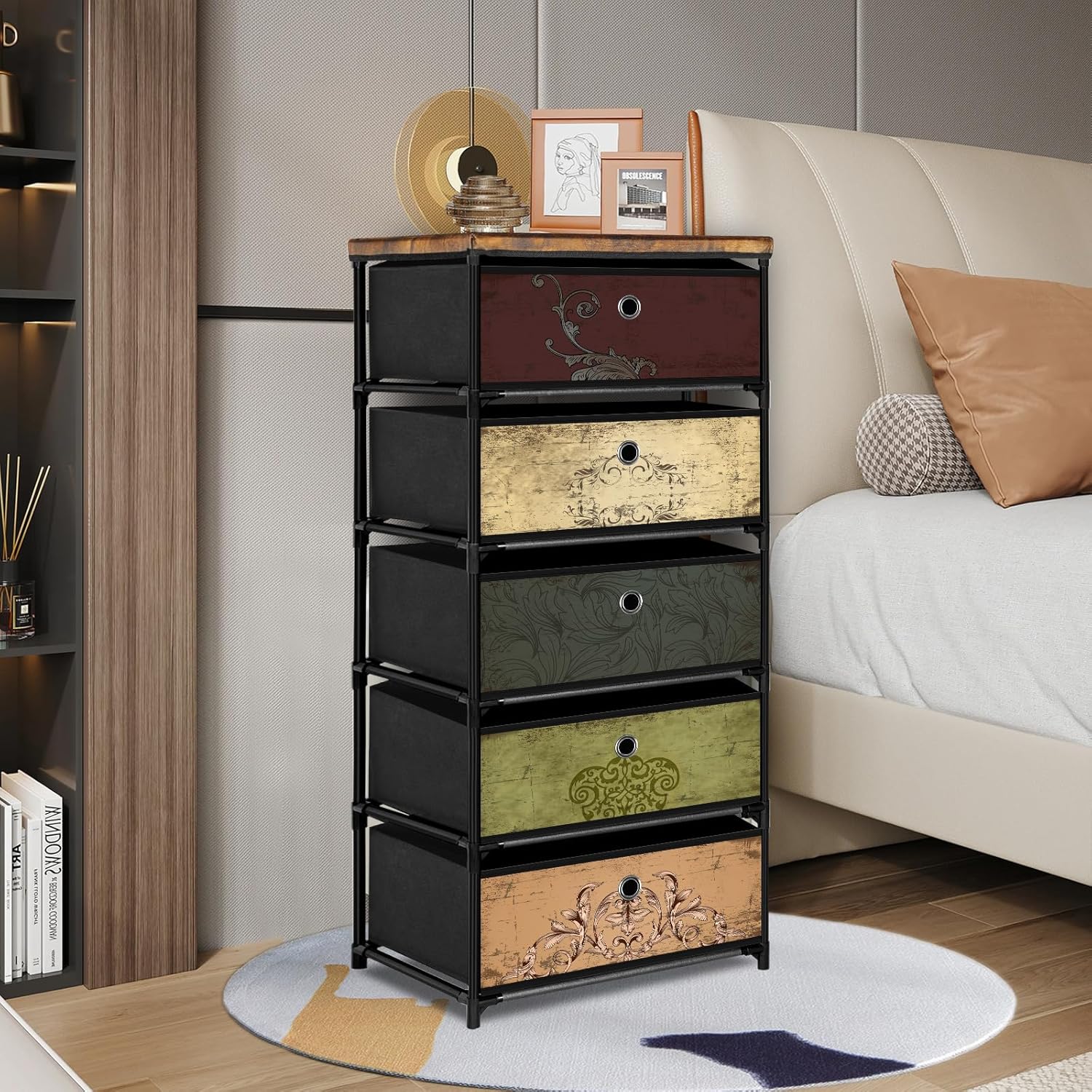 Nightstand with 5 Drawers, Clothes Storage Organizer, Pattern