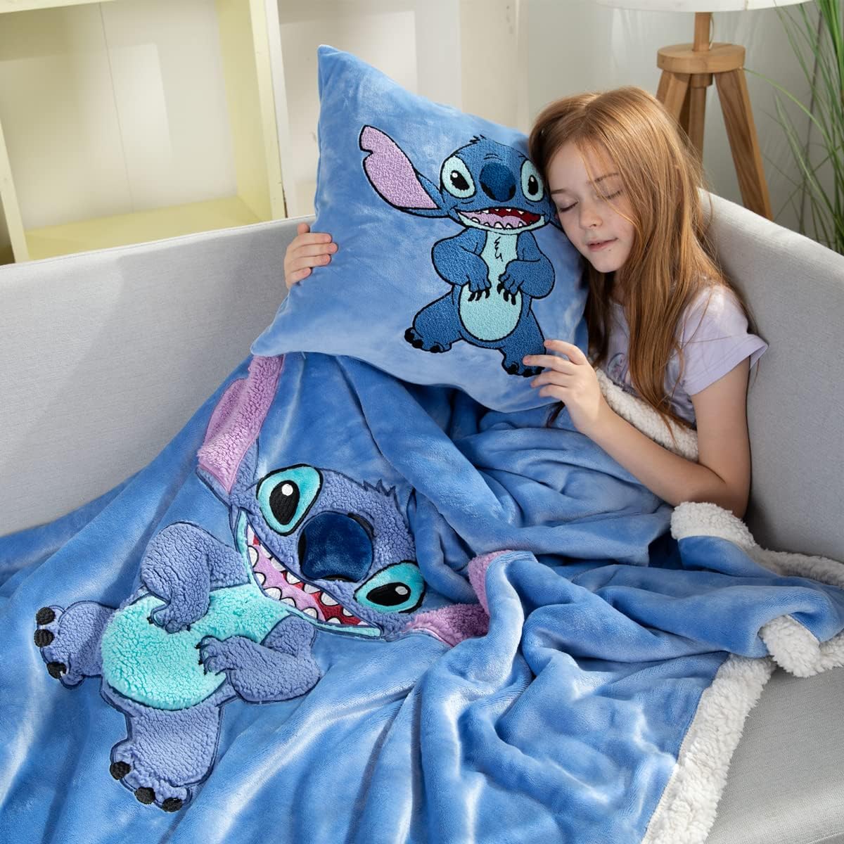 Kids Throw Blanket, 3D Cartoon Embroidery Sherpa Blanket Boys Girls Gifts, Blue