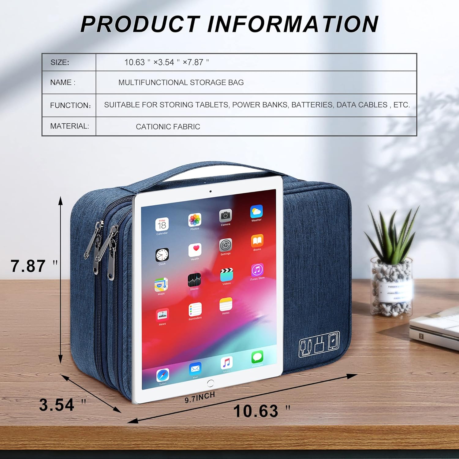 Electronic Bag Travel Cable Accessories Waterproof Double Layer, Navy Blue