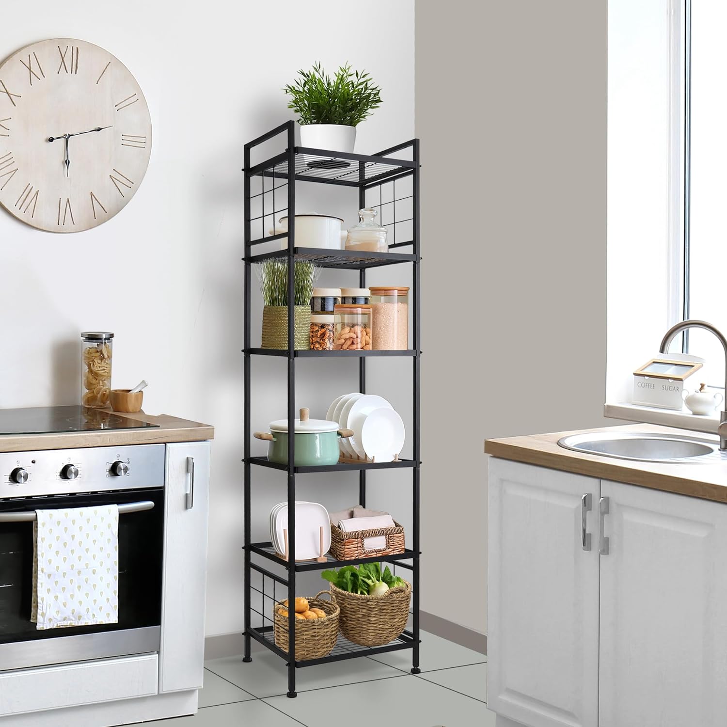 6-Wire Standing Storage Shelf, Metal Shelving Unit Pantry Rack for Laundry Kitchen Bathroom Organizer (Black)