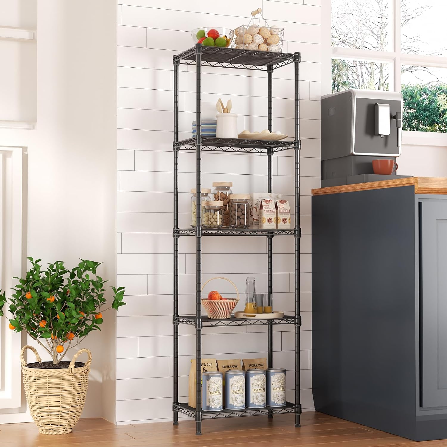 5 Tier Shelf Wire Shelving Adjustable Storage Shelves Storage Rack, Narrow Mesh Gaps,16”W x 10”D x 55”H, Black