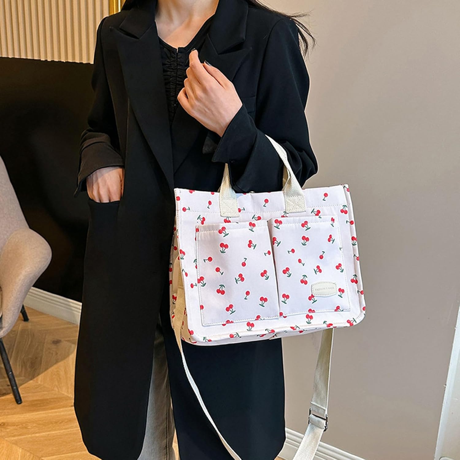 Cherry Tote Bag for Women Canvas Patched Purse Cute Shoulder Bag, Cherry White